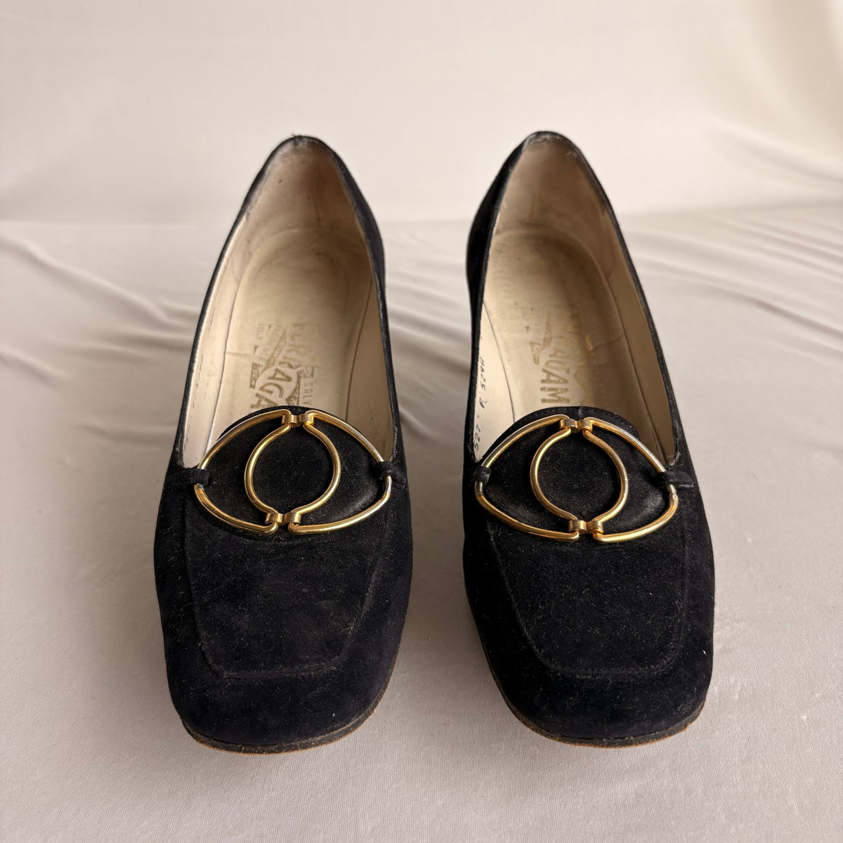 Vintage Ferragamo Black Suede Heeled Loafers - Gold Hardware, 7.5