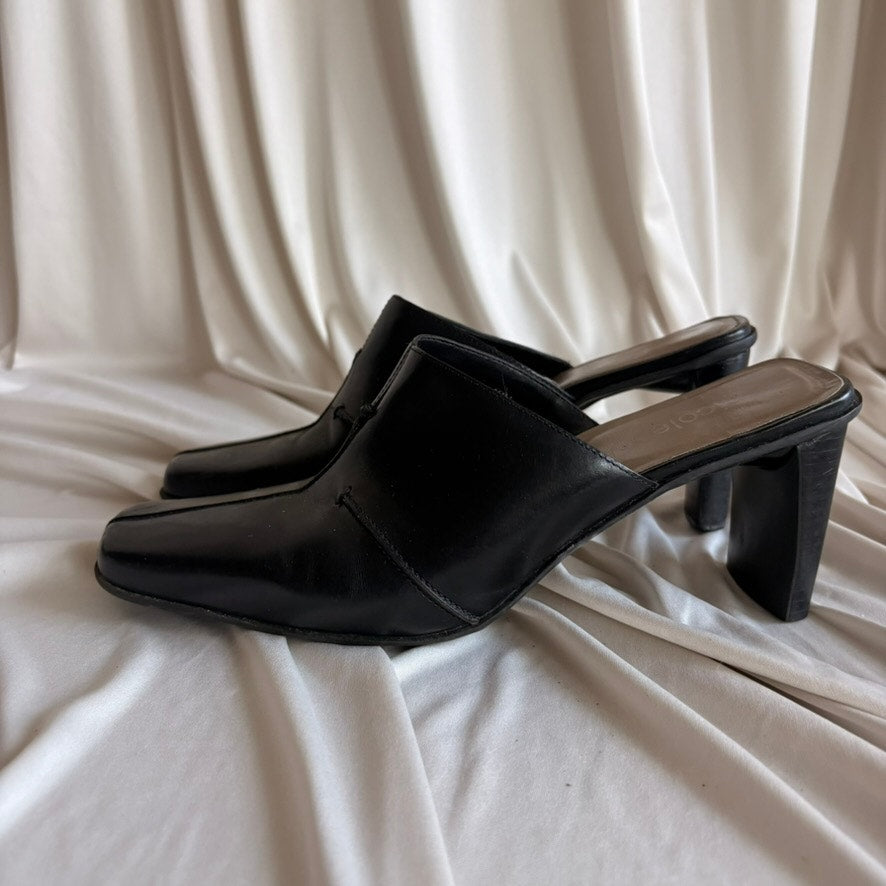 Nicole Brakes Black Leather Mules - Square Toe, Needs Heel Repair, Size 8.5