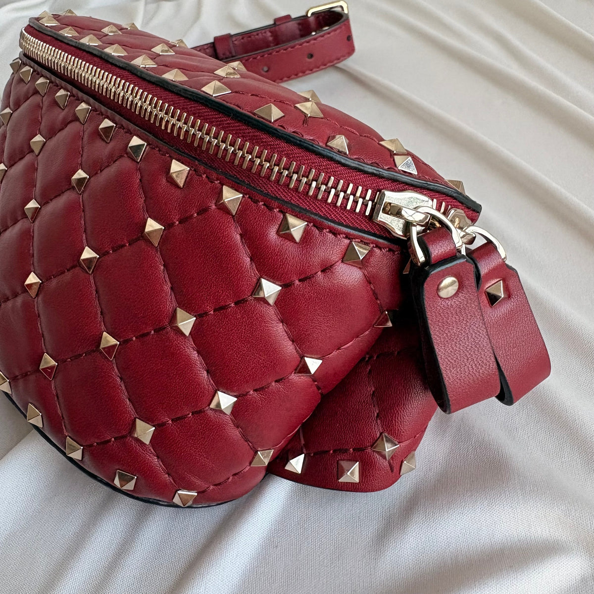 Valentino Rockstud Red Leather Belt Bag - Gold Studs
