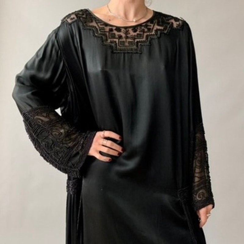 Antique 1920s Black Silk Satin Hand-Beaded Lace Shift Dress