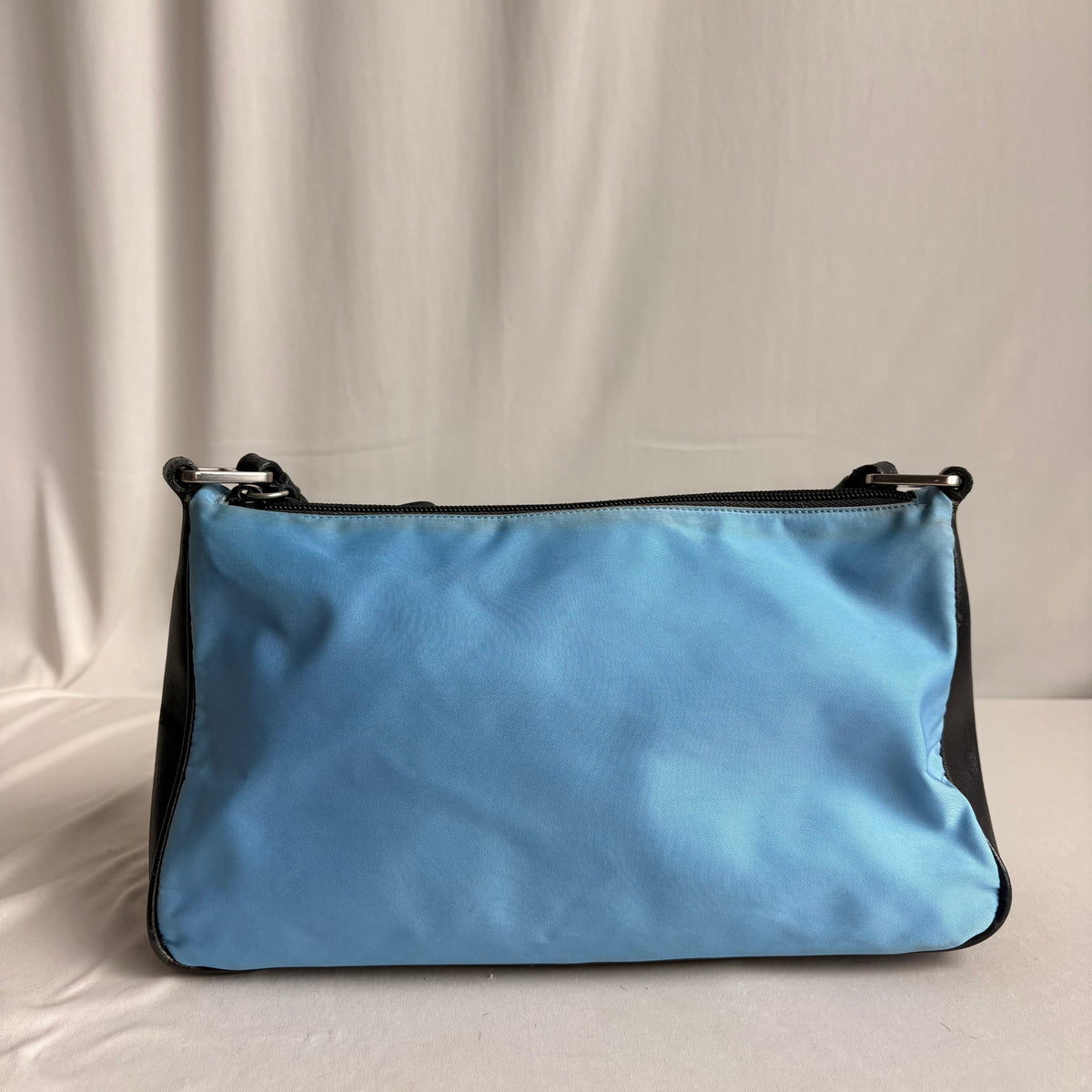 Vintage Prada Tessuto Light Blue Nylon & Black Leather Pochette Baguette