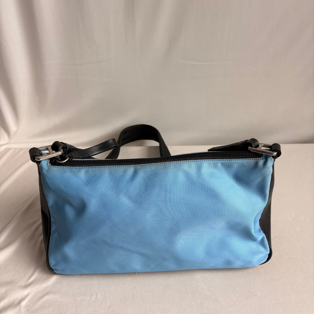 Vintage Prada Tessuto Light Blue Nylon & Black Leather Pochette Baguette