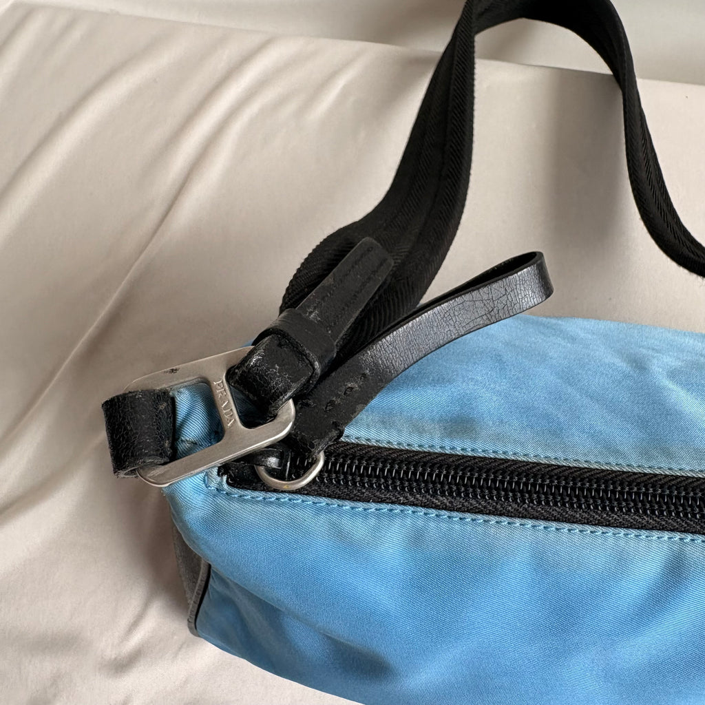 Vintage Prada Tessuto Light Blue Nylon & Black Leather Pochette Baguette