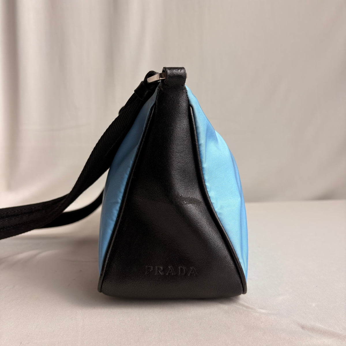 Vintage Prada Tessuto Light Blue Nylon & Black Leather Pochette Baguette