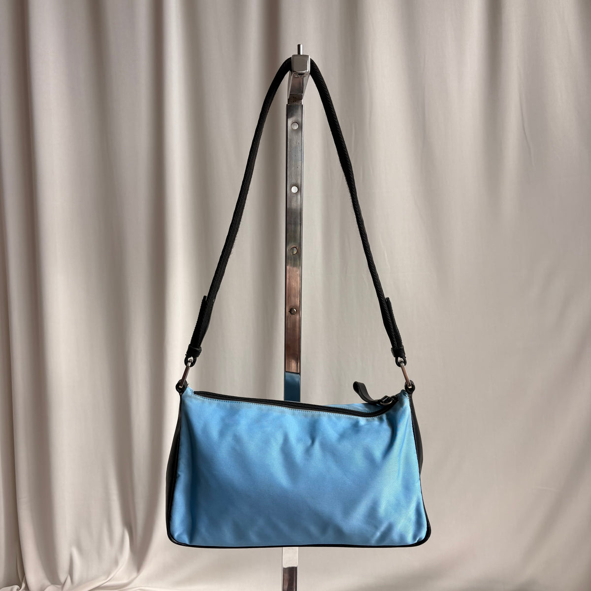 Vintage Prada Tessuto Light Blue Nylon & Black Leather Pochette Baguette