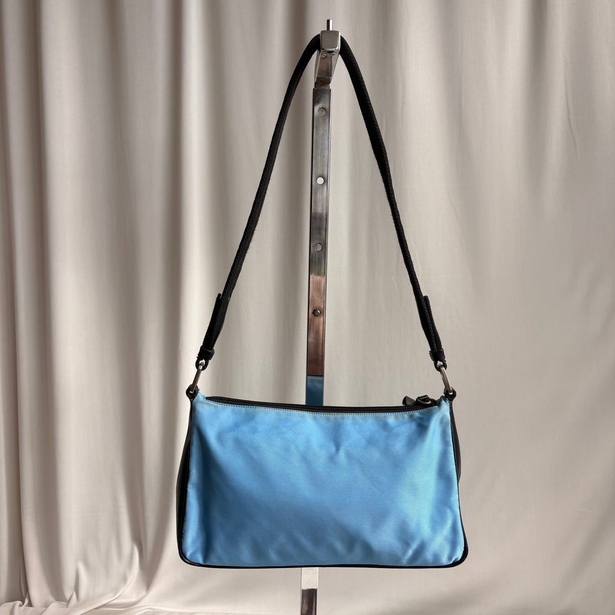 Vintage Prada Tessuto Light Blue Nylon & Black Leather Pochette Baguette