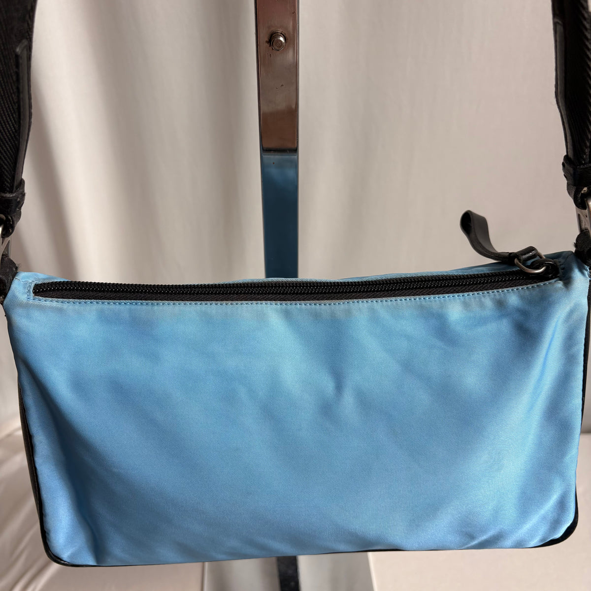 Vintage Prada Tessuto Light Blue Nylon & Black Leather Pochette Baguette
