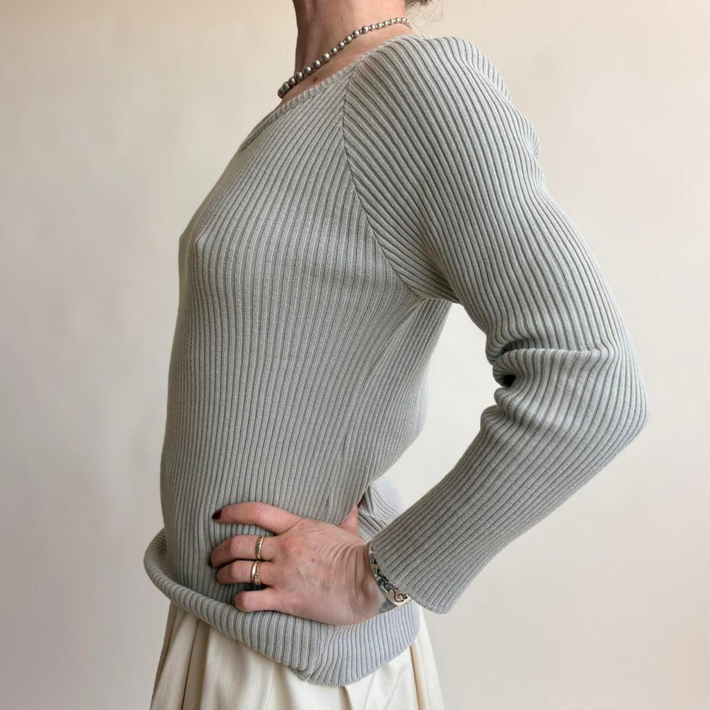 525 Light Sage Green Boat Neck Top - Ribbed, One Size (Fits Small), Made in USA