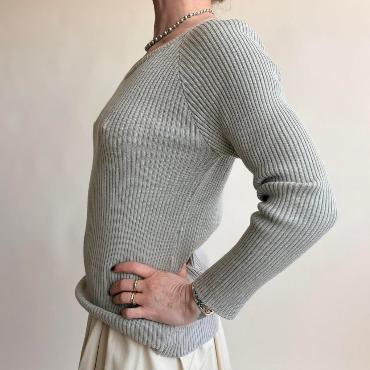 525 Light Sage Green Boat Neck Top - Ribbed, One Size (Fits Small), Made in USA