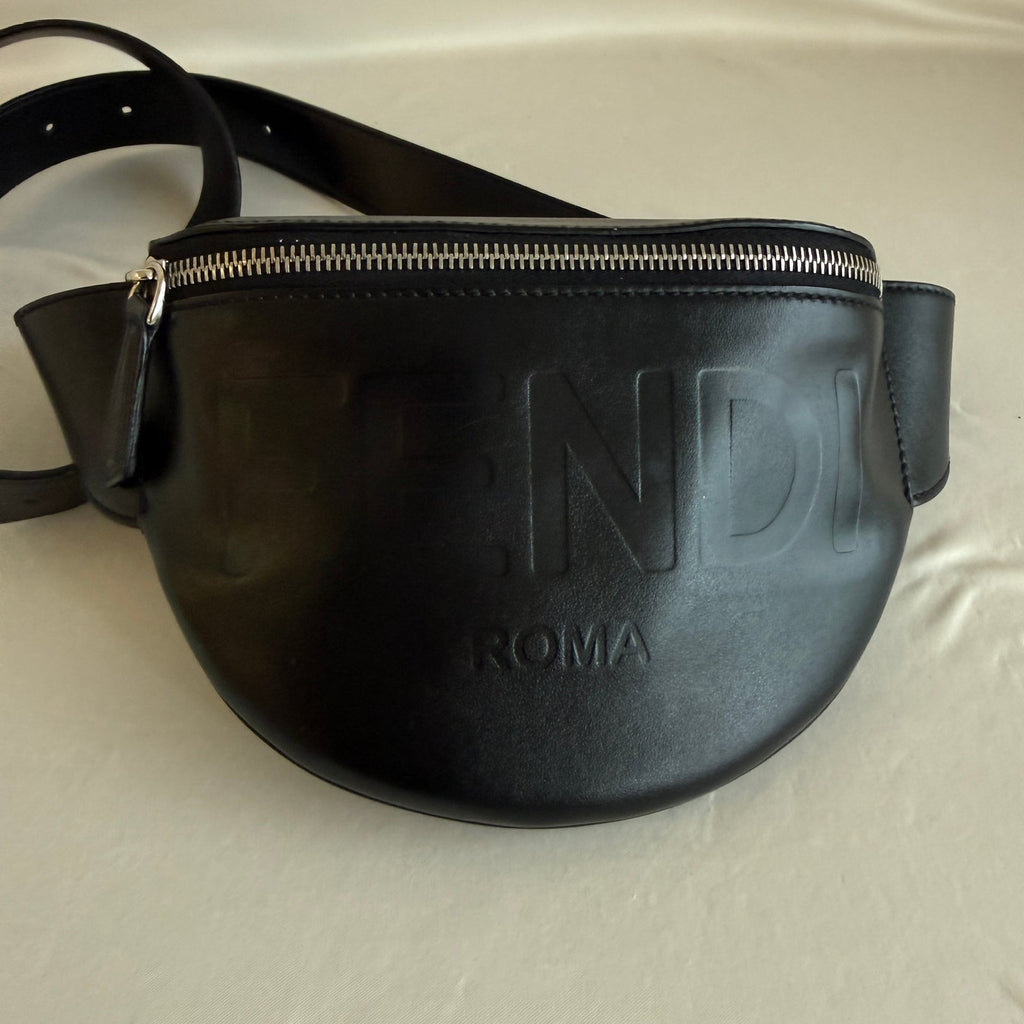 Fendi Roma Logo Black Leather Belt Bag - 3D Embossed Logo