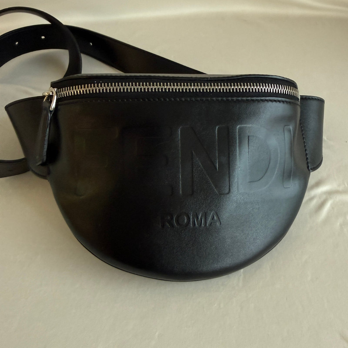 Fendi Roma Logo Black Leather Belt Bag - 3D Embossed Logo