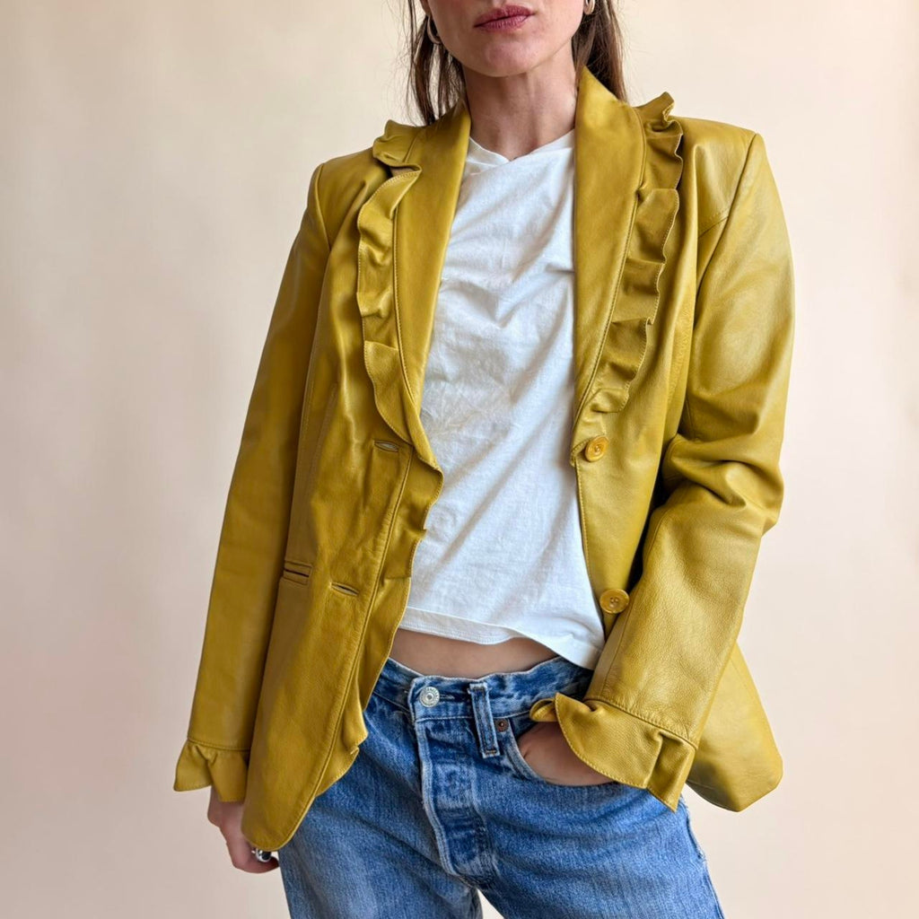 Jerry Lewis Mustard Yellow Leather Blazer - Size XS