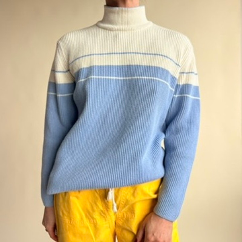 Jeanne Pierre Striped Mock Neck Sweater - Blue & White, 100% Cotton,  Size Small