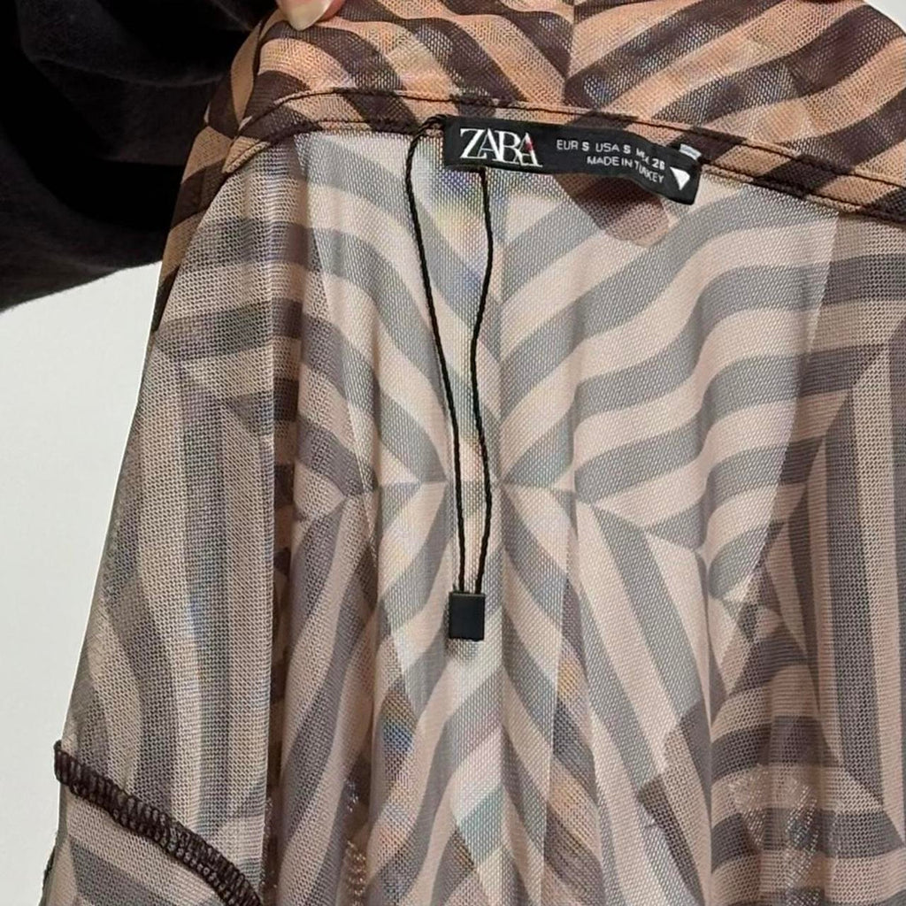 Sheer Zara Brown Abstract Geometric Button Up Top - Small