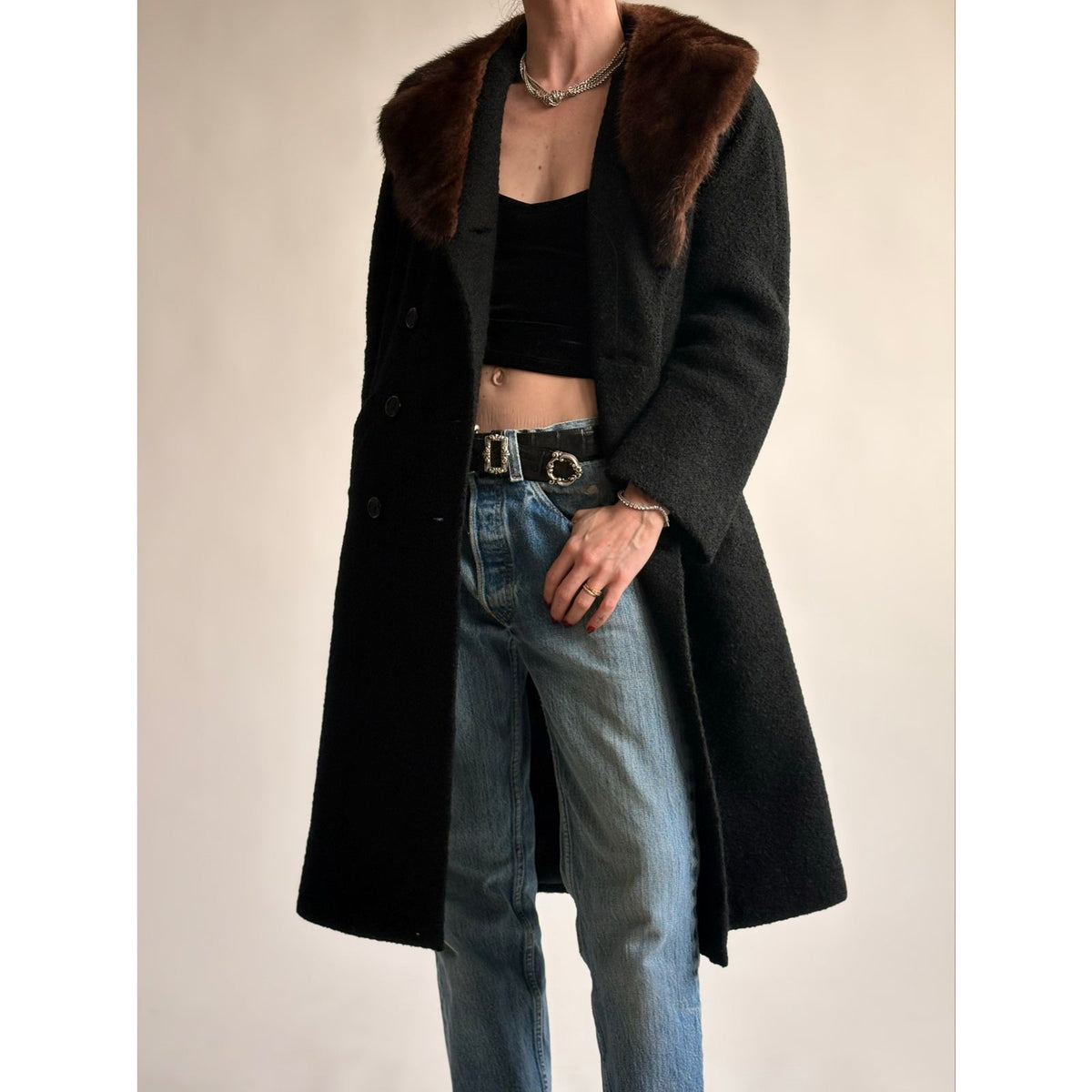Vintage Woodward & Lothrop Black Wool Car Coat with Mink Fur Collar