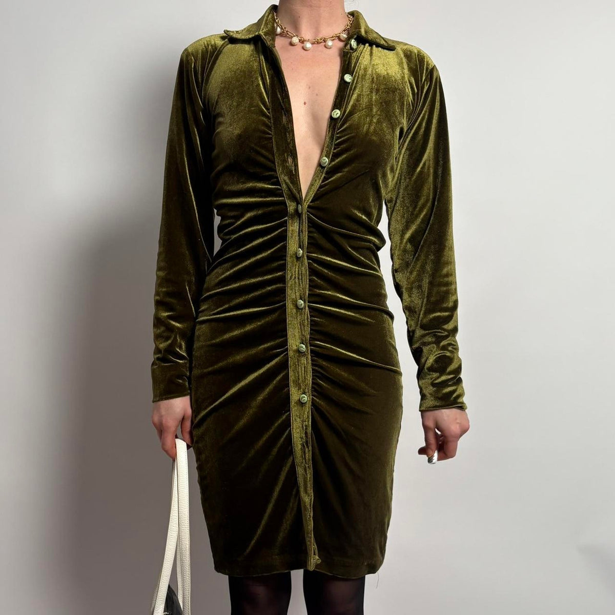 Olive Green Long Sleeve Velvet Rouched Dress - Small
