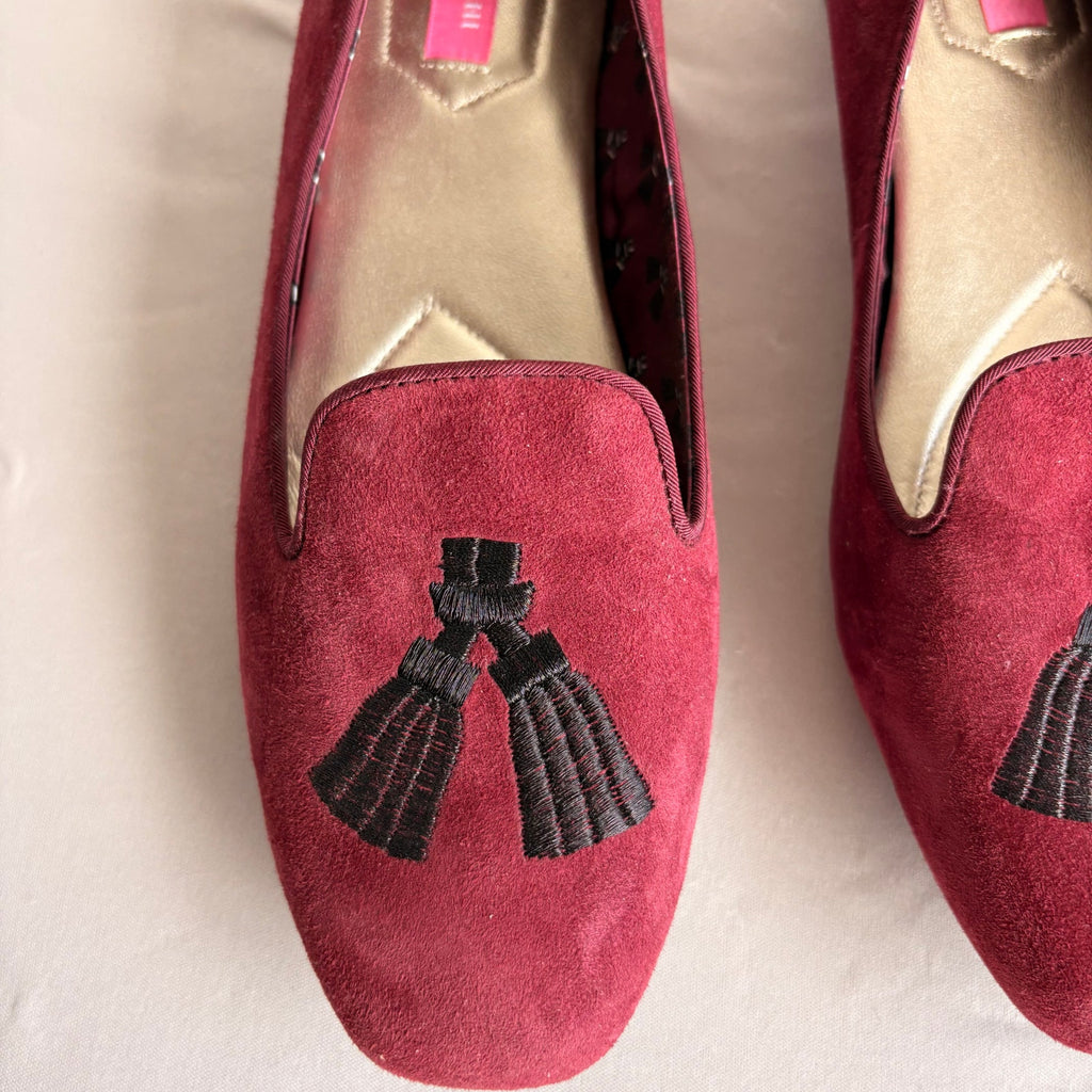 Isaac Mizrahi Burgundy Suede Loafer Flats - Tassel Detail, 7.5