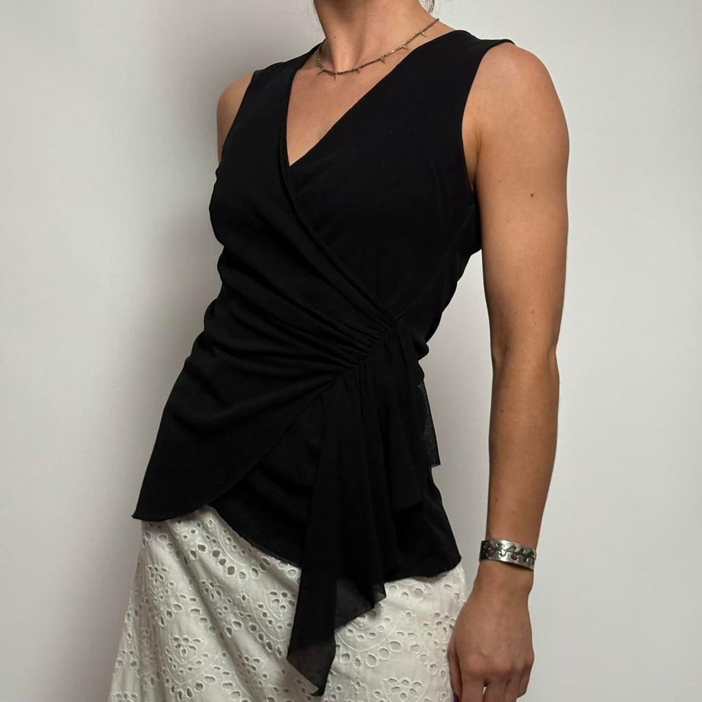 Sleeveless Black Mesh Top - Ruffled V-Neck