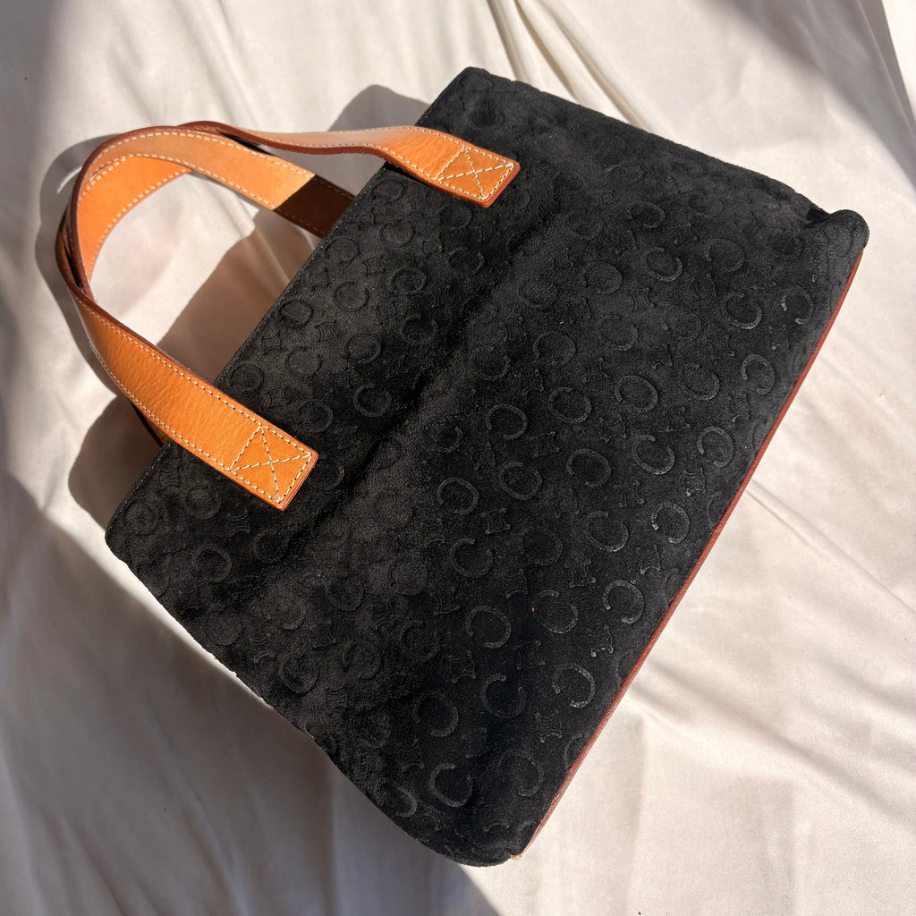 Celine C Macadam Tote Bag - 90's - Black Suede, Tan Leather Handles