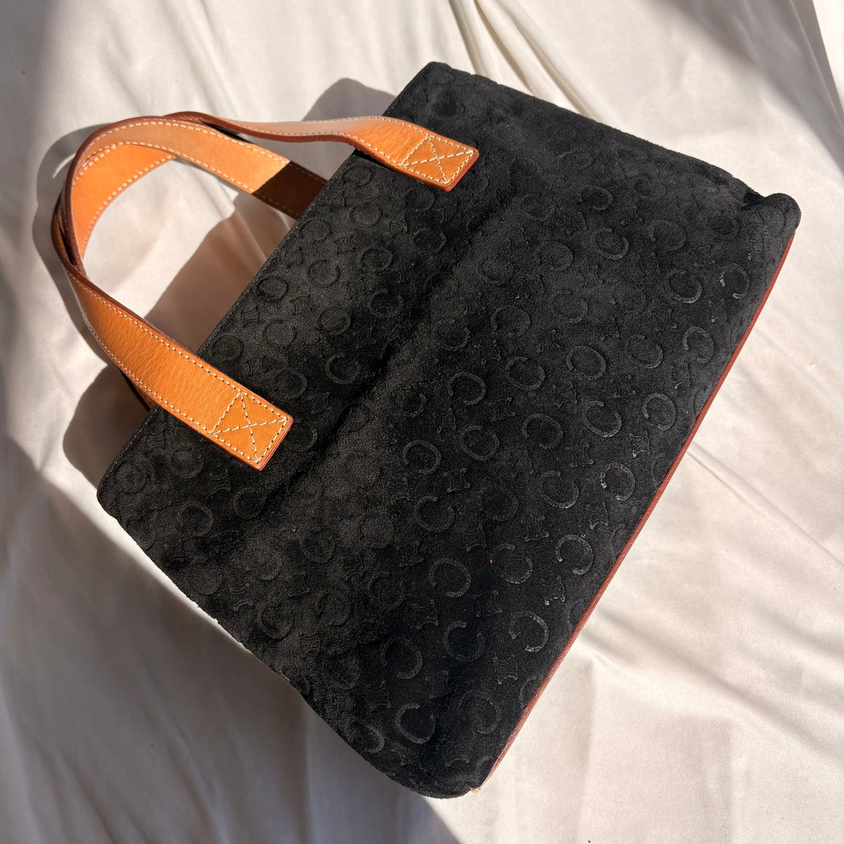 Celine C Macadam Tote Bag - 90's - Black Suede, Tan Leather Handles