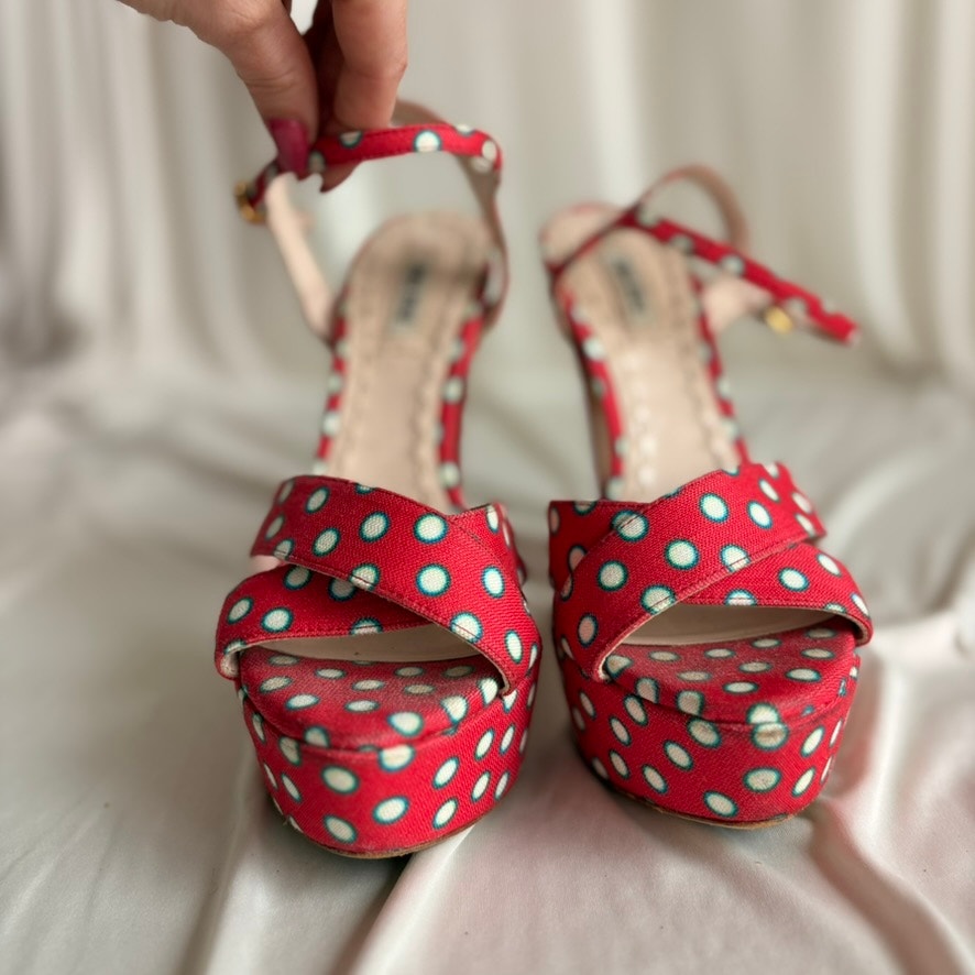 Miu Miu Polka-Dot Canvas Platform Sandals - 2010 SS Collection, EU 37/US 7