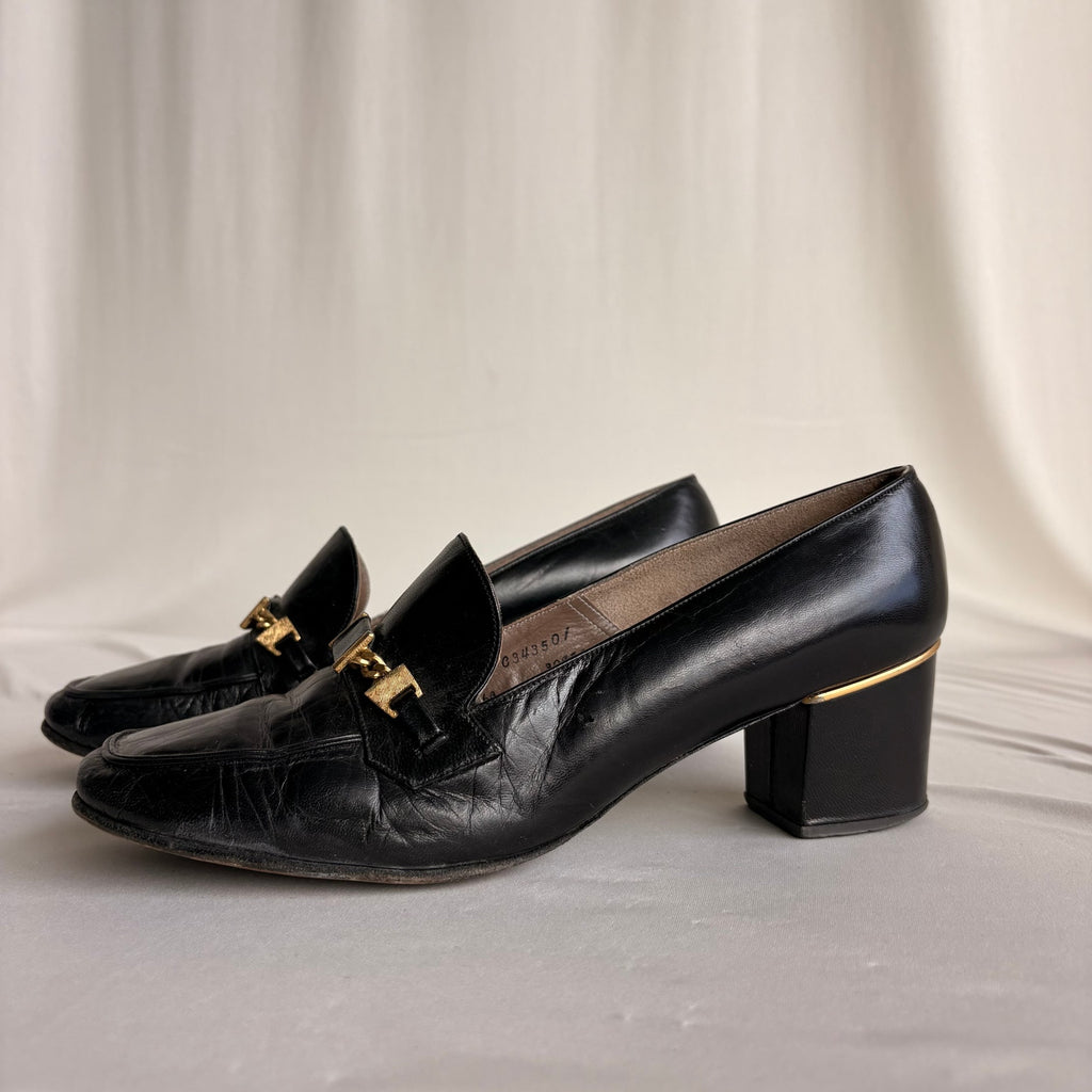 Vintage Saks Fifth Ave Black Leather Heeled Loafers - Block Heel, Square Toe