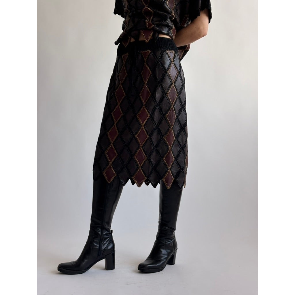 Vintage 1970s Handmade Turkish Diamond Patchwork Leather Skirt