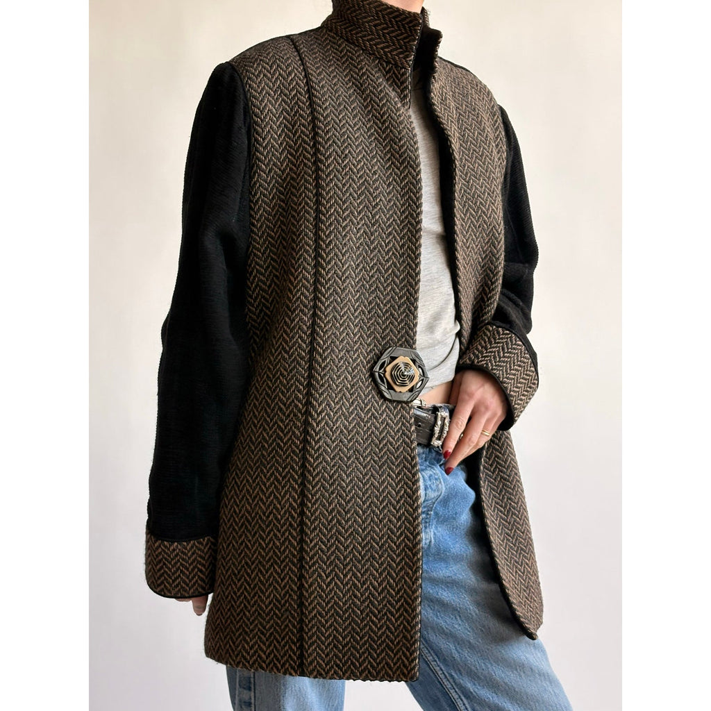 Barbara Perry Black & Brown Geometric Woven "Art-to-Wear" Blazer