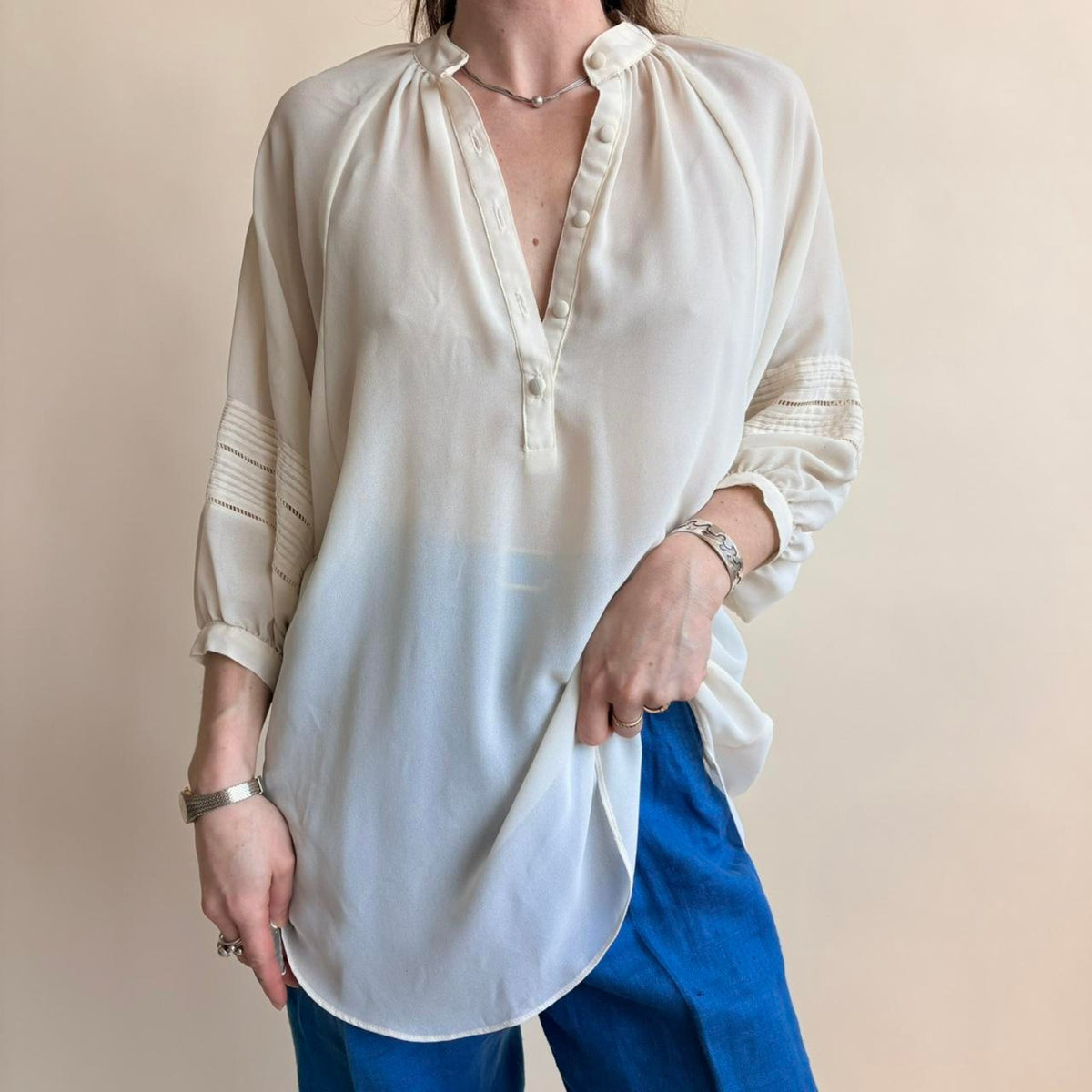 Lloyd Williams Sheer Balloon Sleeve Top - White, Size Small
