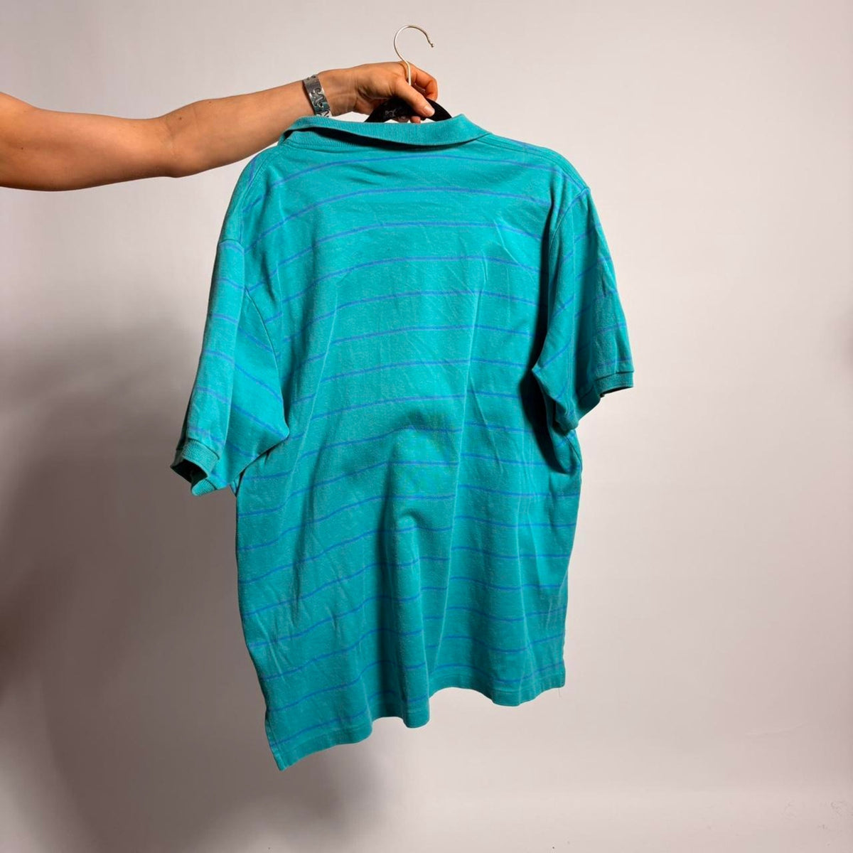 Vintage L.L.Bean Men's Polo - Teal/Blue Stripe, Size Large