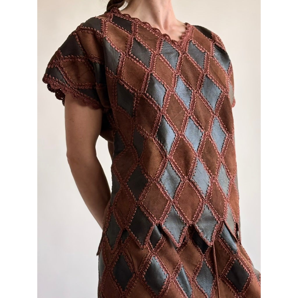 Vintage 1970s Handmade Turkish Diamond Patchwork Leather Top