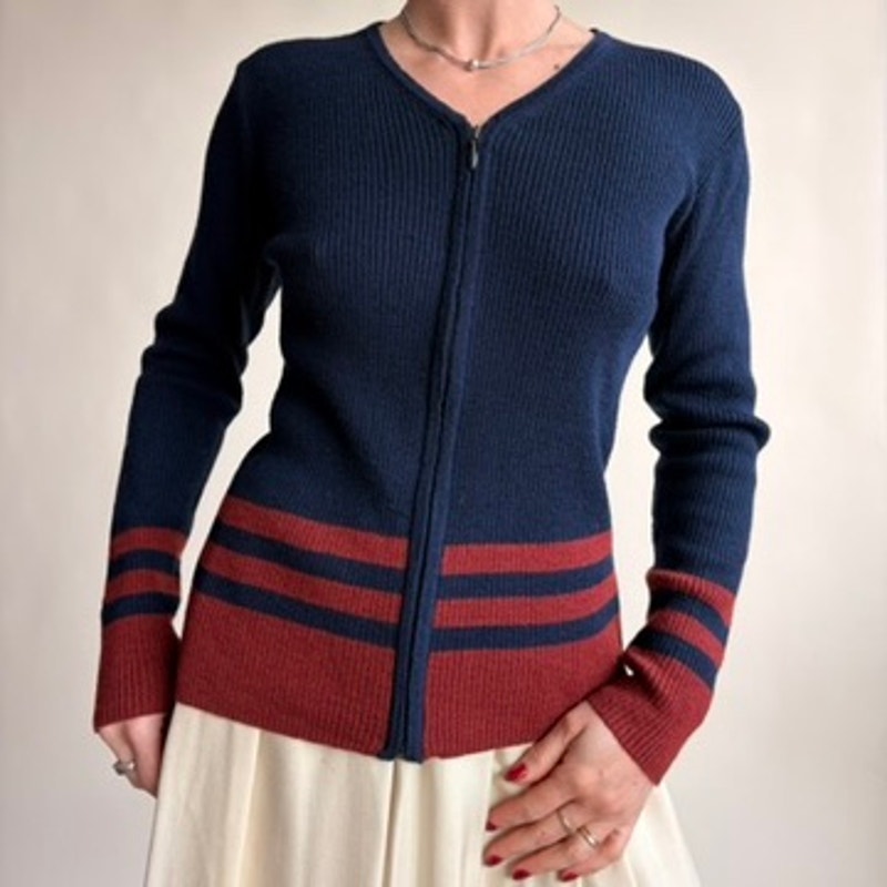 Jones & Co. Navy Zip Cardigan - Burgundy Stripes, Wool Blend, Preppy Coastal Vibes, Size Small