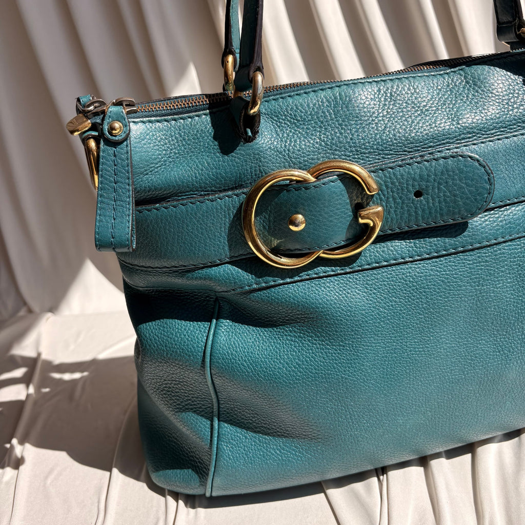 Gucci Medium Ride Top Handle Bag - Teal Pebbled Calfskin Leather, Gold Buckle