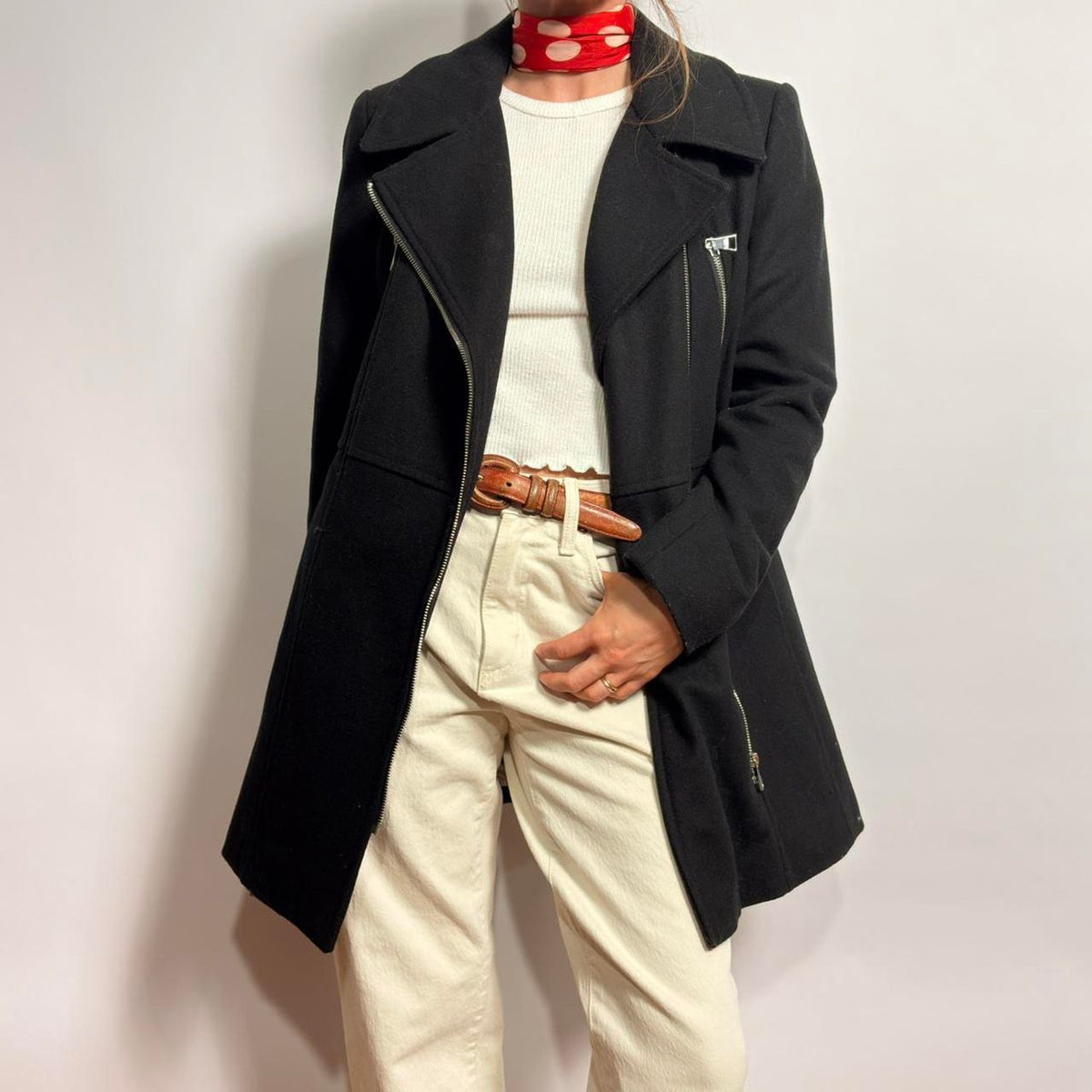 Karl Lagerfeld Black Wool Moto Coat - Small