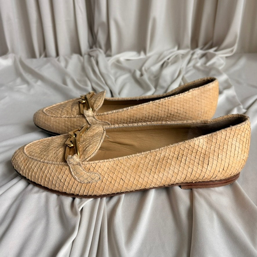 Joan & David Reptile Skin Loafers - Tan Beige, Gold Chain Detail, Size 7.5
