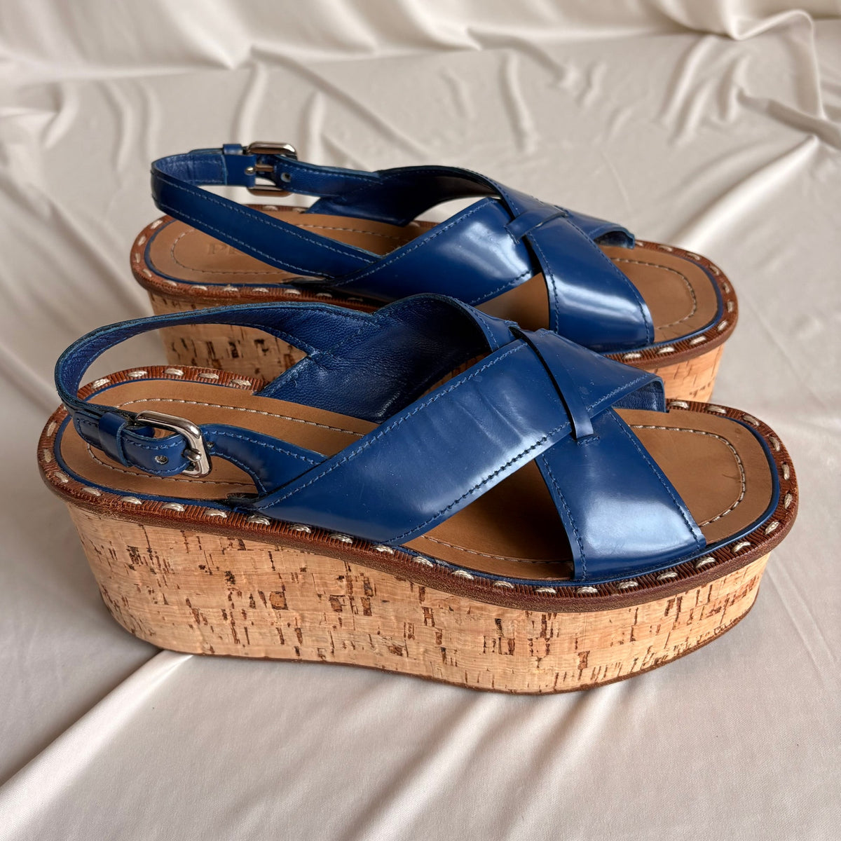Prada Crisscross Blue Leather Wedge Sandals - EU 38 / US 7