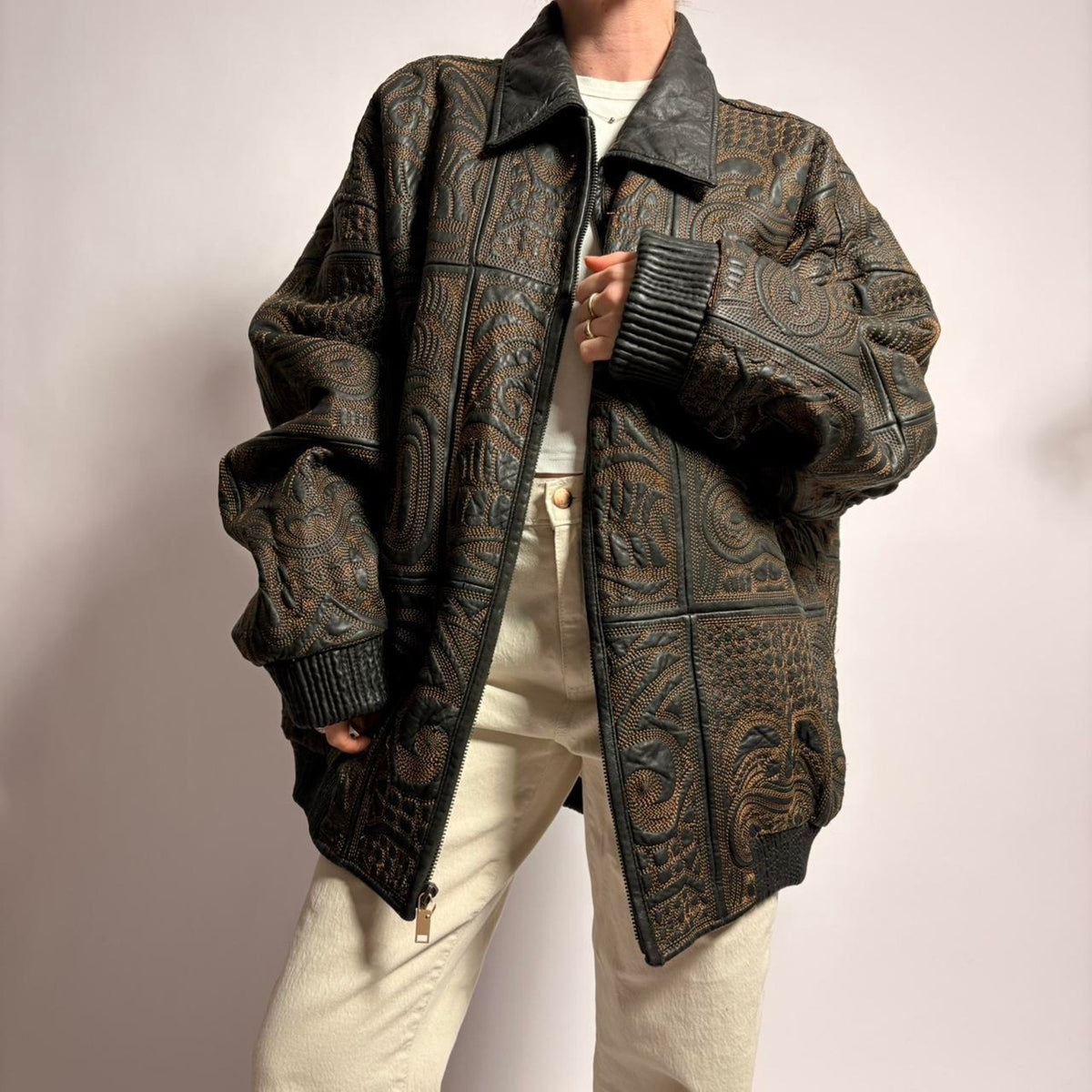 Signature Gold Embroidery Leather Bomber - Fits Men's XL