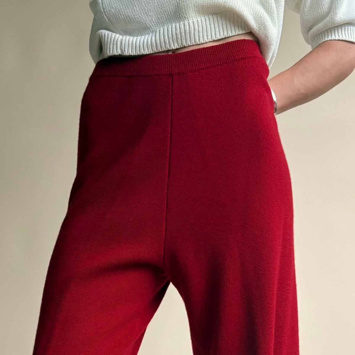 Jones & Co Red Wide Leg Knit Trousers - High Waisted, Size Small
