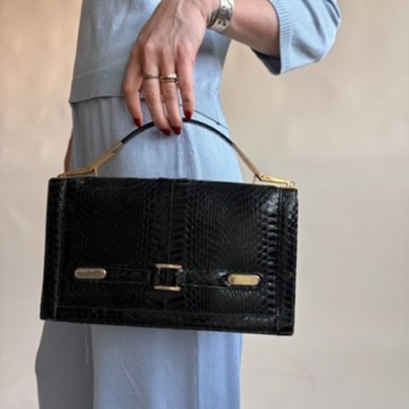1940s/50s Black Snakeskin Bag - Gold Hardware, Suede Interior, 3 Sections