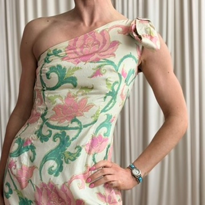 Floral Dress One-Shoulder - Cream/Pink/Green, 50s/60s - 2
