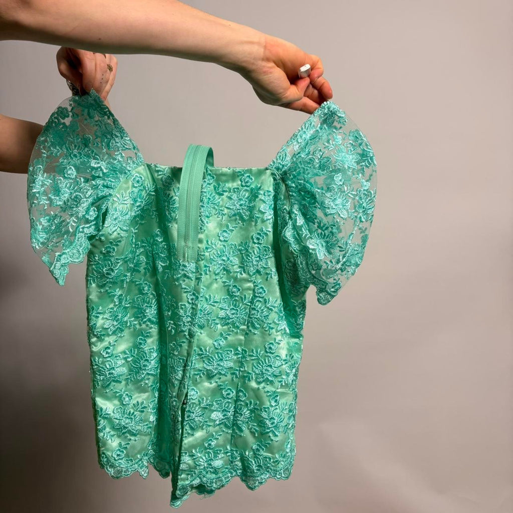 Vintage  Teal Lacy Cap Sleeve Blouse - Asymmetrical Hem- Small