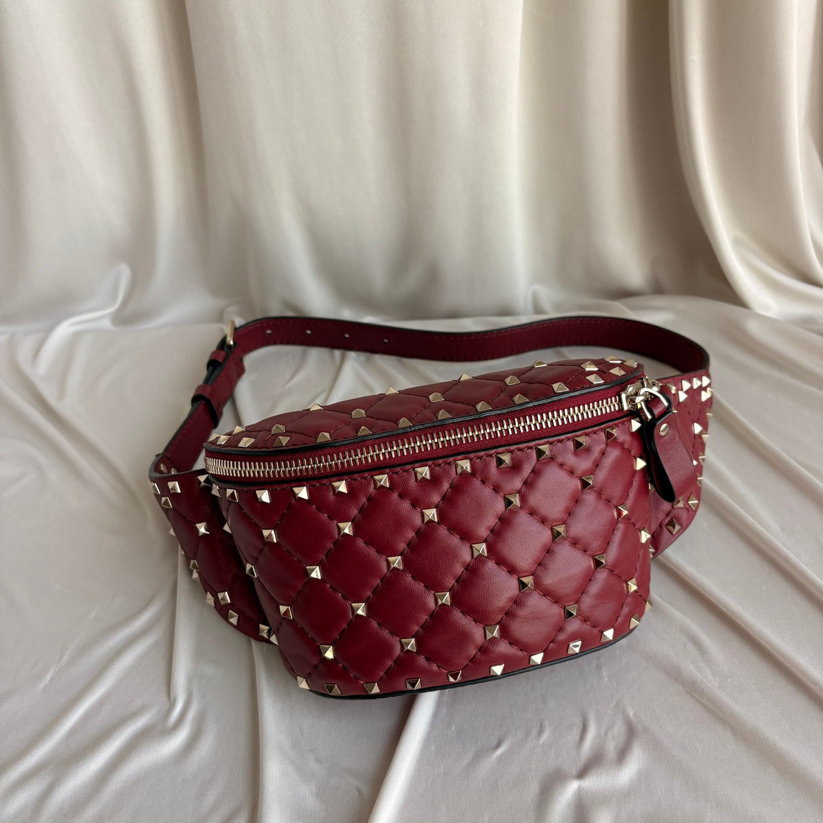 Valentino Rockstud Red Leather Belt Bag - Gold Studs