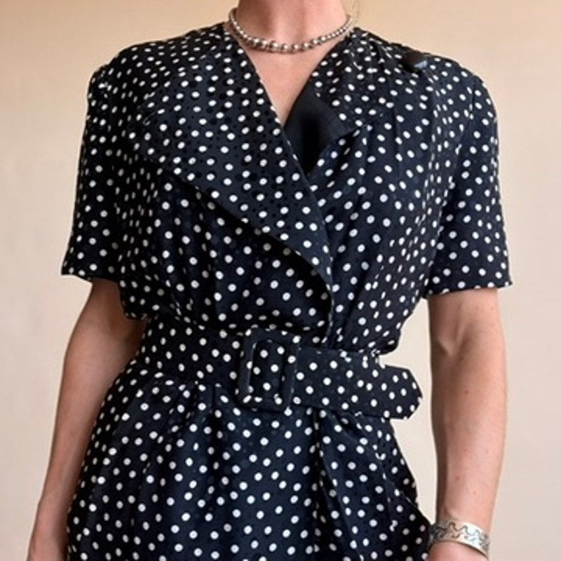 Adrianna Papell Black & White Polka Dot Silk - Short Sleeves, Belt Included, Size 4