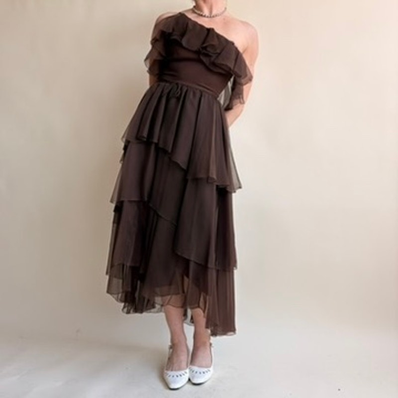 Patricia Murray Brown Ruffled Chiffon Dress - One-Shoulder, Fits Modern 0