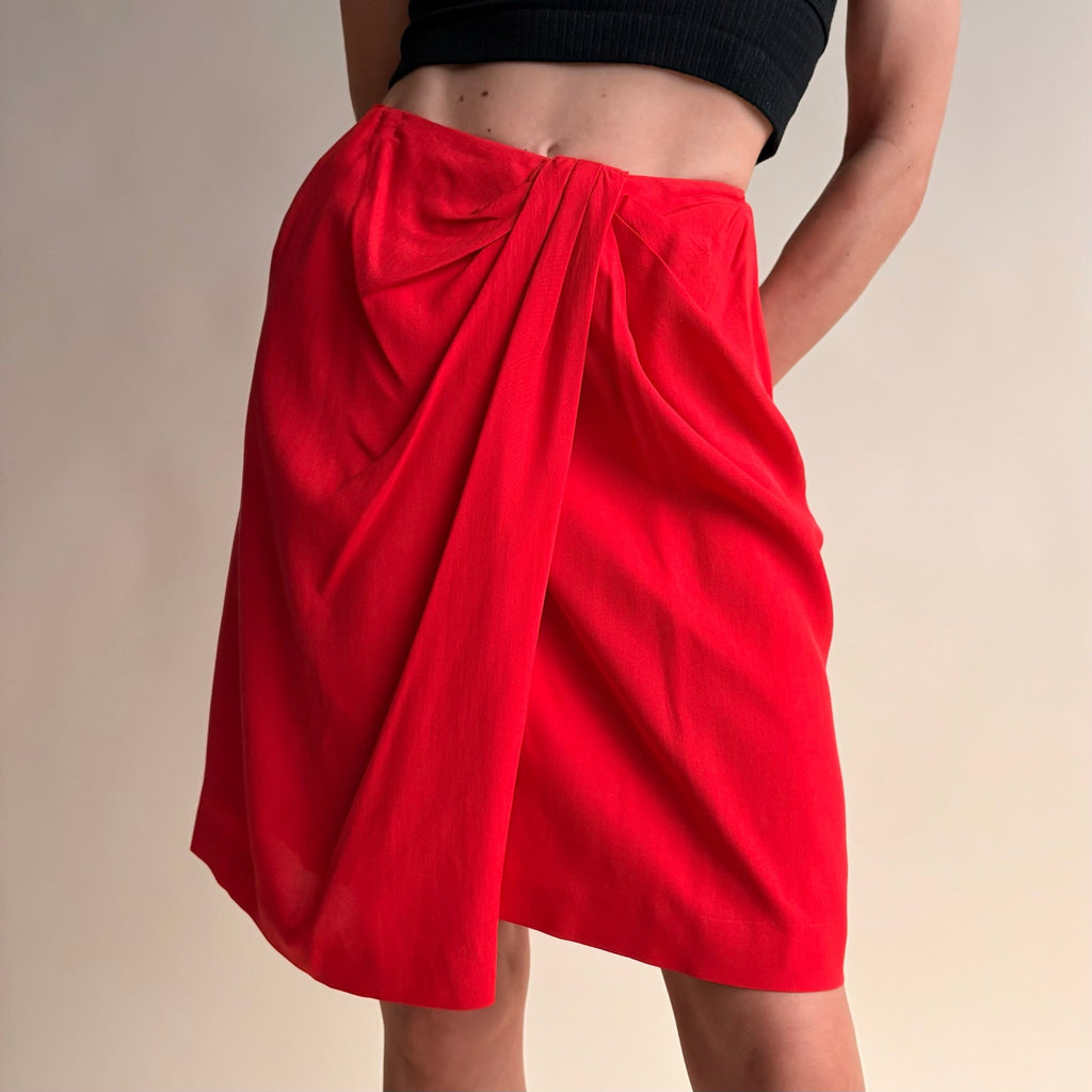 Anne Klein Red Silk Wrap Skirt - Sarong Style, Velcro Closure, Size 4