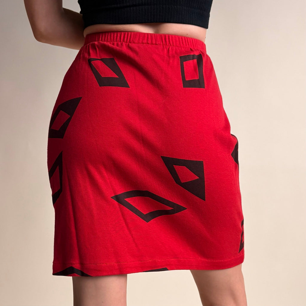 James Berry for Bergdorf Goodman Red Mini Skirt - Hand-Screened Black Diamonds, 80s, Size Small