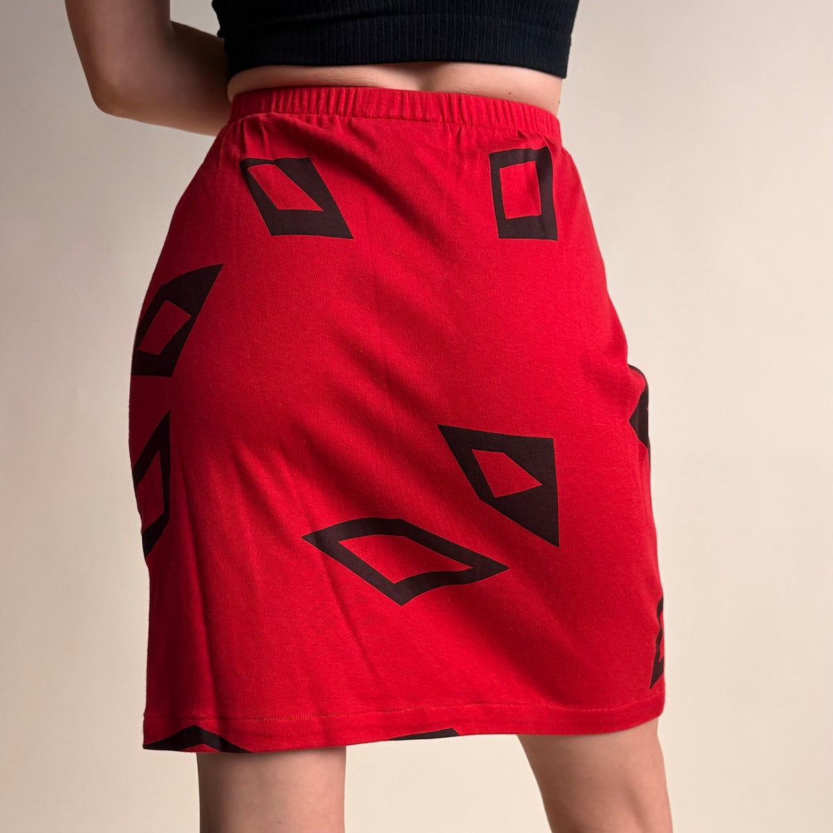 James Berry for Bergdorf Goodman Red Mini Skirt - Hand-Screened Black Diamonds, 80s, Size Small