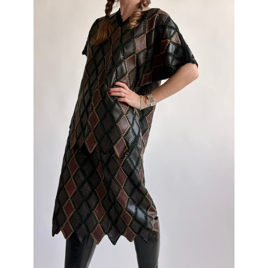 Vintage 1970s Handmade Turkish Diamond Patchwork Leather Top