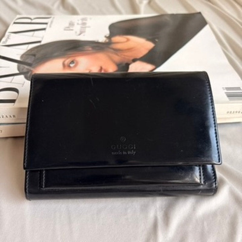 Gucci Patent Logo Wallet - Black, Trifold, Vintage