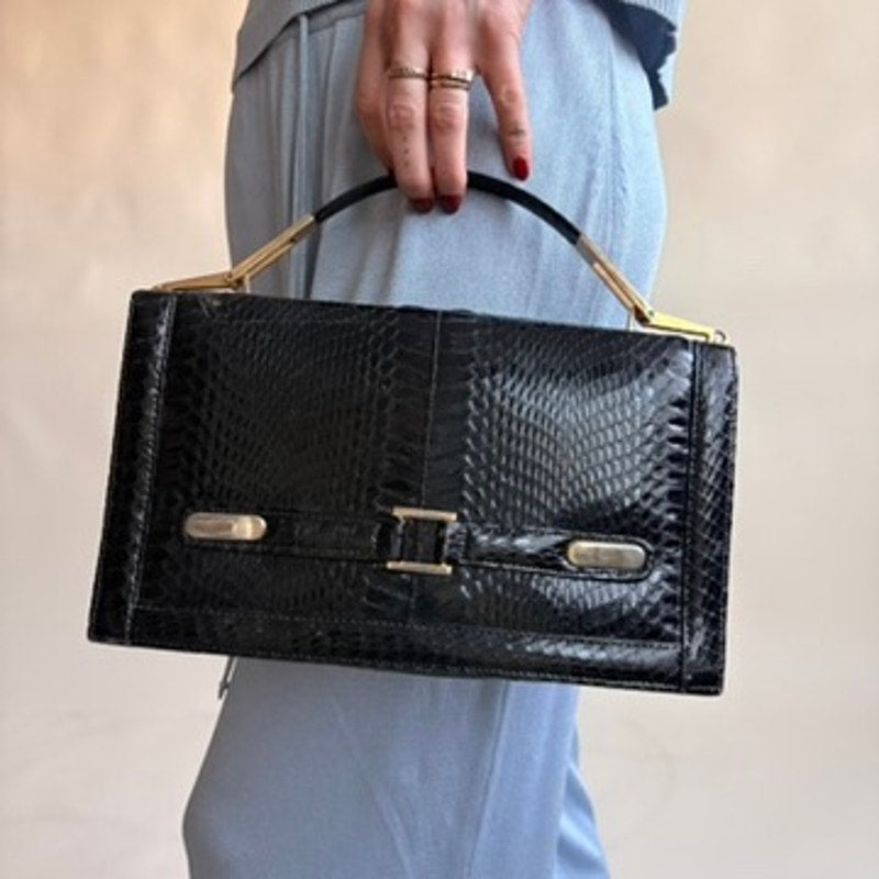 1940s/50s Black Snakeskin Bag - Gold Hardware, Suede Interior, 3 Sections
